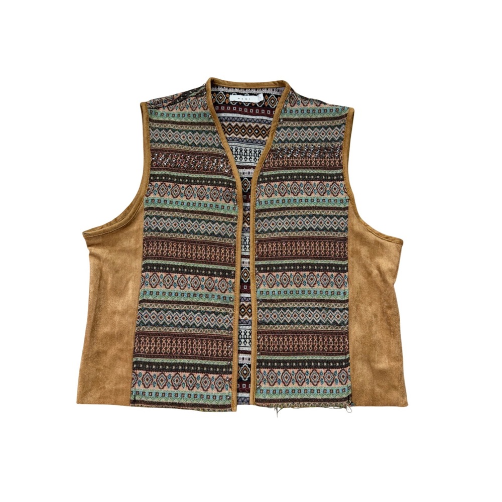 MNML Southwestern Tapestry Vest Faux Suede Studded Western Boho Size Large